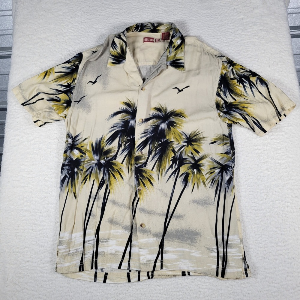 Thums Up Button Down Shirt Mens Small Cream Palm Tree Seagull Rayon Short Sleeve